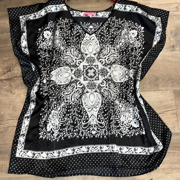 Bandana Print black white tunic SATIN VNECK Flowy ornate tribal pullover 1X TOP - Picture 14 of 14